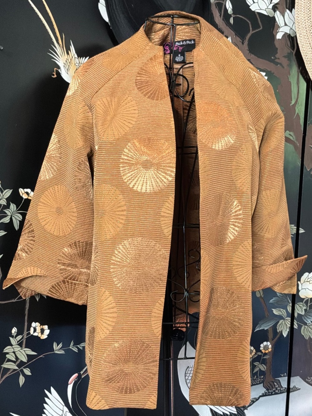 Peck & Peck Gold Metallic Brocade Kimono Jacket Open Front Medallion Sz m EUC